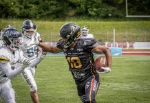 Lüdenscheid Lightnings vivem temporada histórica e contam com brasileiro em campanha pelo acesso no futebol americano alemão WR Thalys Almeida #18 vive uma temporada de sucesso na Alemanha (Fotos: Tanjazahn-Fotografie)