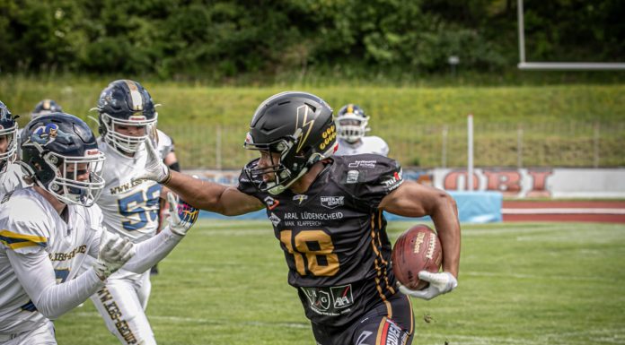 Time alemão vive temporada histórica com WR brasileiro WR Thalys Almeida #18 vive uma temporada de sucesso na Alemanha (Fotos: Tanjazahn-Fotografie)