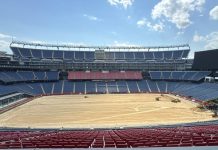 Grama natural no Gillette Stadium para a Copa foi removida. (Foto: Caleb Pongratz)