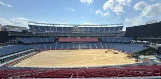 Grama natural no Gillette Stadium para a Copa foi removida. (Foto: Caleb Pongratz)