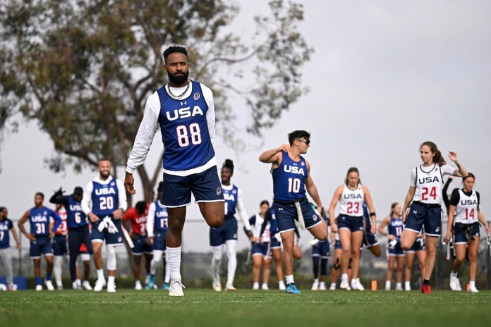 Ja'Deion High, #88 da Seleção Nacional dos EUA, aquecimento no Centro de Treinamento de Atletas de Elite de Chula Vista, em 22 de maio de 2026, em Chula Vista, Califórnia. (Foto: Orlando Ramirez)