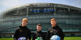 Anúncio da parceria do ALCFC no Aviva Stadium, em Dublin, com Darragh Leader, Jim Flannagan e Tadhg Leader, todos da Leader Kicking. | (Foto: Tyler Miller/Sportsfile)