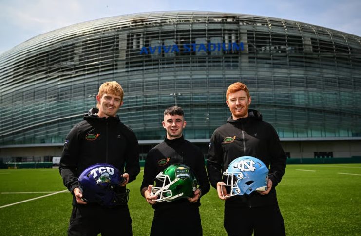 Anúncio da parceria do ALCFC no Aviva Stadium, em Dublin, com Darragh Leader, Jim Flannagan e Tadhg Leader, todos da Leader Kicking. | (Foto: Tyler Miller/Sportsfile)