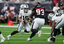 Fernando Mendoza ganha espaço nos Raiders Fernando Mendoza (#15), é pressionado pelo defensive tackle do Houston Texans, Kayden McDonald (#93), durante o primeiro tempo do jogo de pré-temporada da NFL, nesta quinta-feira, 20 de agosto de 2026, em Houston. (Foto: David J. Phillip)