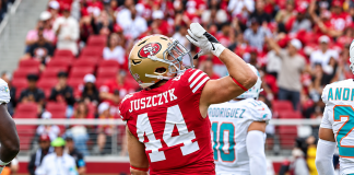 Comemoração rotineira de Juszczyk que dessa vez sofreu punição da NFL. (Imagem: Divulgação)