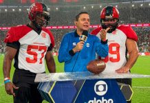 Flamengo Imperadores encara Vasco pela última rodada da Superliga Jogadores do Flamengo Imperadores na inserção da Globo em clima de NFL Rio Game (Imagem: Divulgação Flamengo Imperadores)