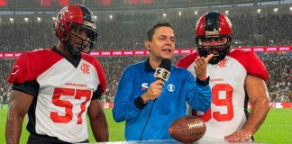Jogadores do Flamengo Imperadores na inserção da Globo em clima de NFL Rio Game (Imagem: Divulgação Flamengo Imperadores)