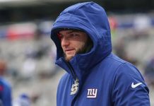 Jogador da NFL ‘buga’ na sideline e vídeo viraliza Cam Skattebo, running back dos New York Giants (Foto: Vincent Carchietta)
