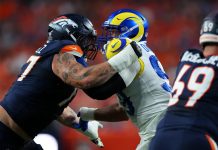 Bloqueio contra Aaron Donald rende a Quinn Meinerz um teste antidoping na NFL Aaron Donald (#99), do Los Angeles Rams, enfrenta Quinn Meinerz (#77), do Denver Broncos, durante o primeiro quarto. (Foto: Justin Edmonds)